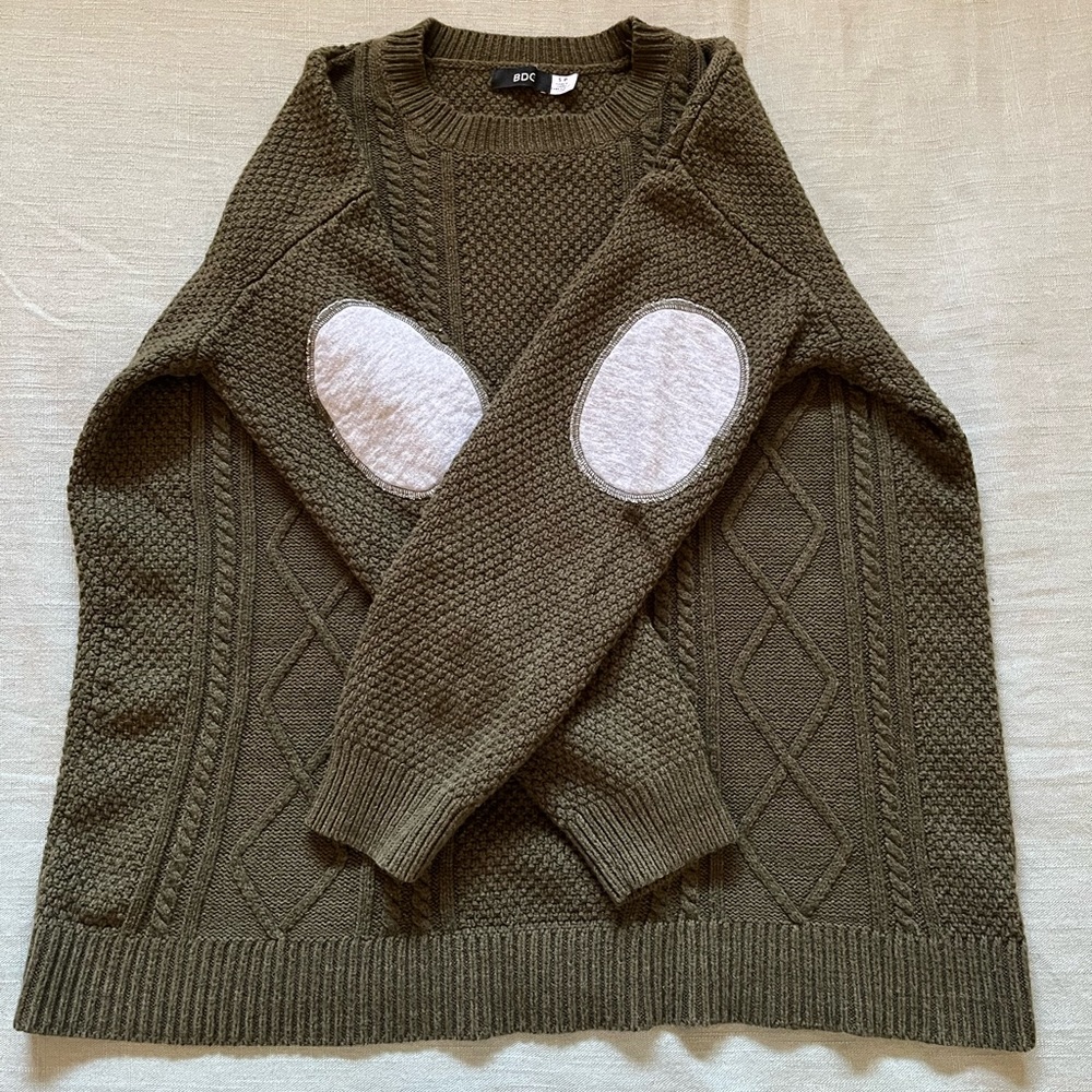 Urban Outfitters BDG Olive Green Cable Sweater w/ Gray Elbow Pads